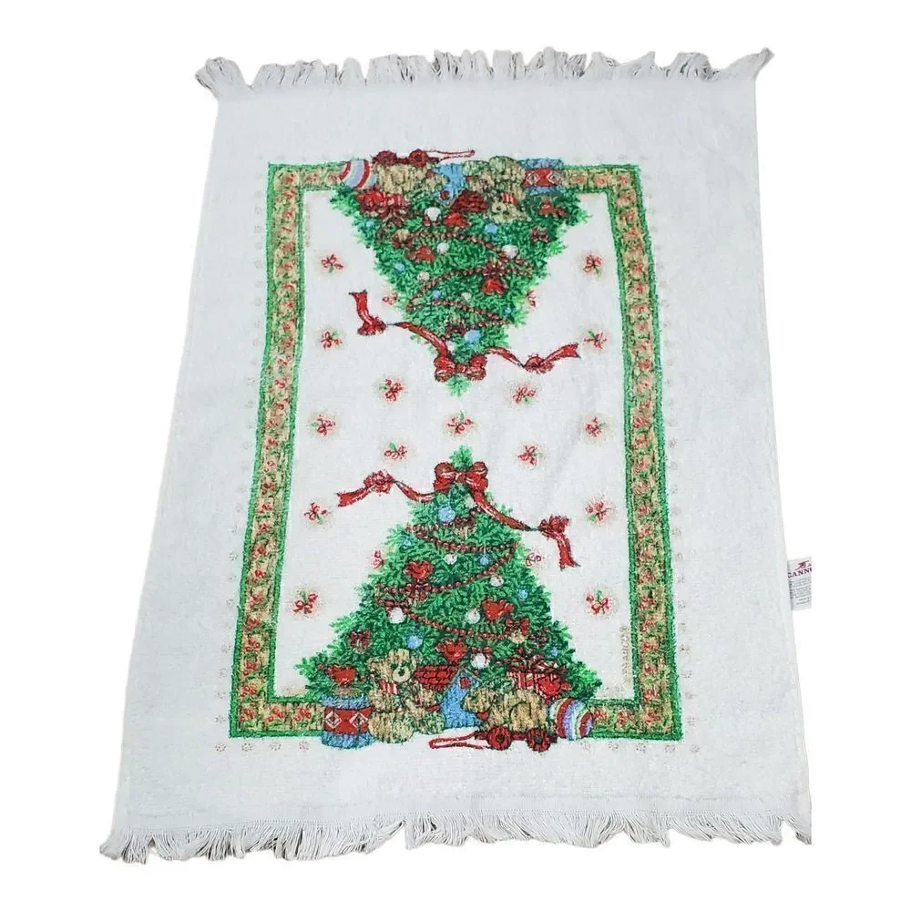 Cannon Kitchen Dish Tea Towl Christmas Tree Cream Fringe Holiday Winter Vintage